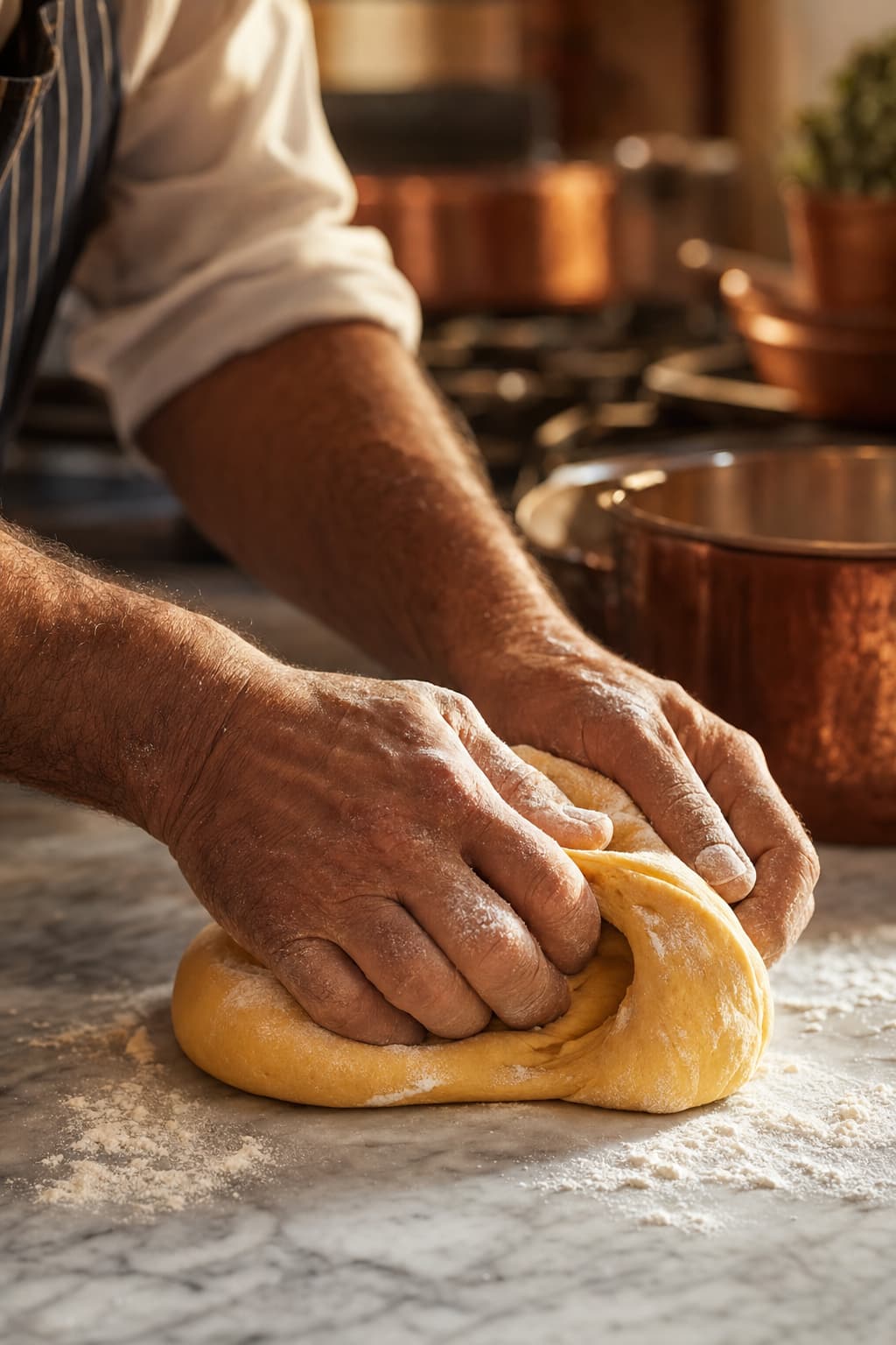 Mani artigiane che impastano la pasta fresca
